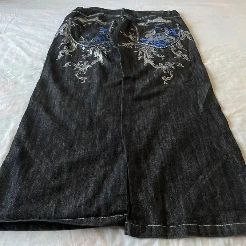 2024 American Retro Jeans Y2K Big Pattern Trousers Loose Jeans Gothic