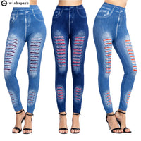 Thumbnail for Fashion Stripe Printed Imitation Denim Leggings Elastic Slim HipTight