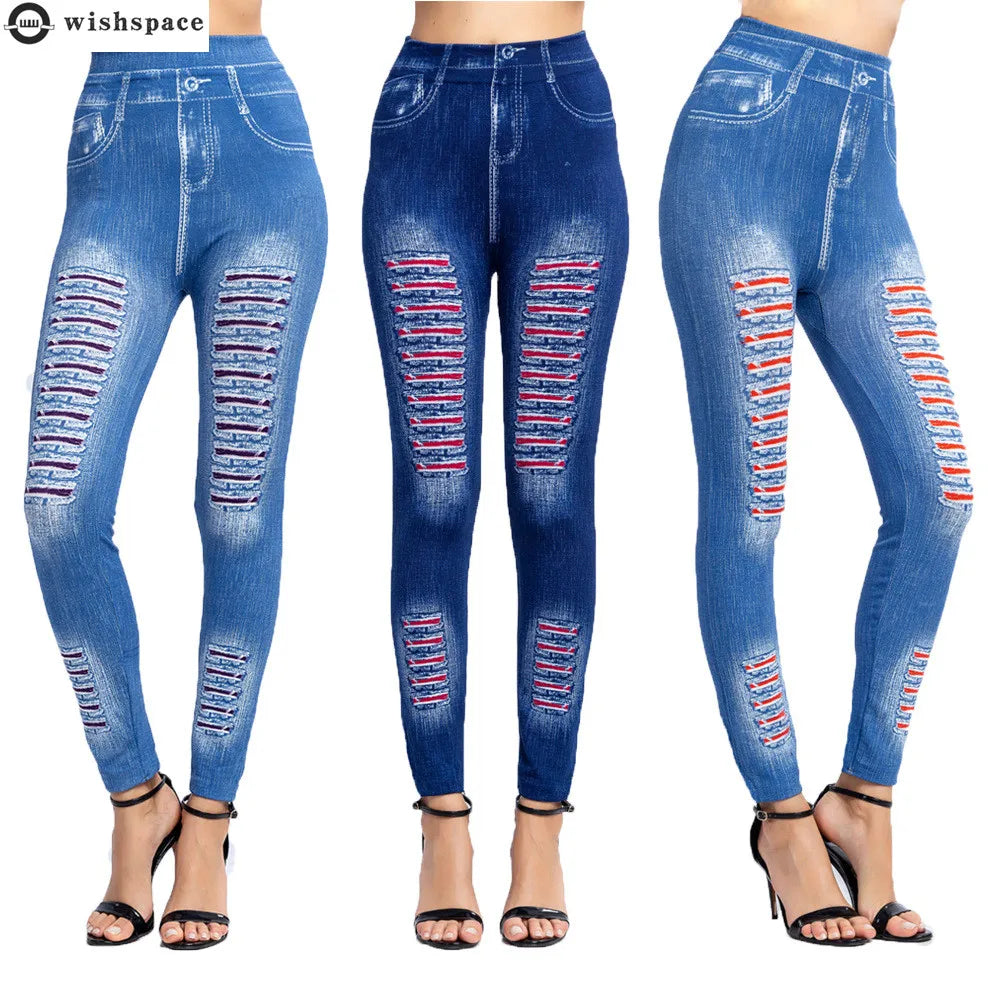 Fashion Stripe Printed Imitation Denim Leggings Elastic Slim HipTight