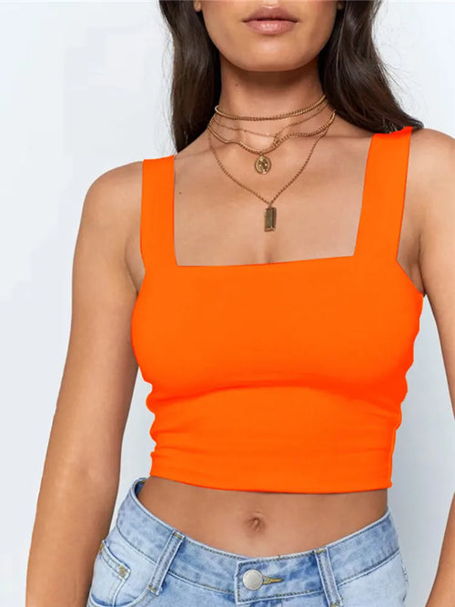 Square Neck Sleeveless Summer Crop Top White Women Black Casual Basic