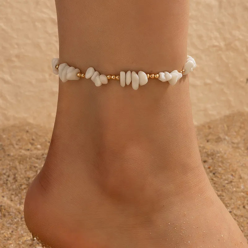 Summer Beach Crushed Stone Chain Anklet Set For Women Boho Shell Charm