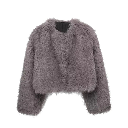 Winter Warm Fur Coat Women Elegant Turndown Collar Long Sleeve Short