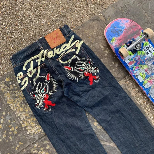 Streetwear Jeans Y2K Hip Hop Graphic Print Retro Blue Baggy Jeans