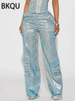 BKQU American Straight Pockets High Waist Jeans Women Cargo Pants 2023