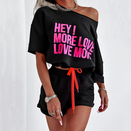 Print Letter Two Piece Sets Women Round Neck Tops Short Sleeve Lace Up