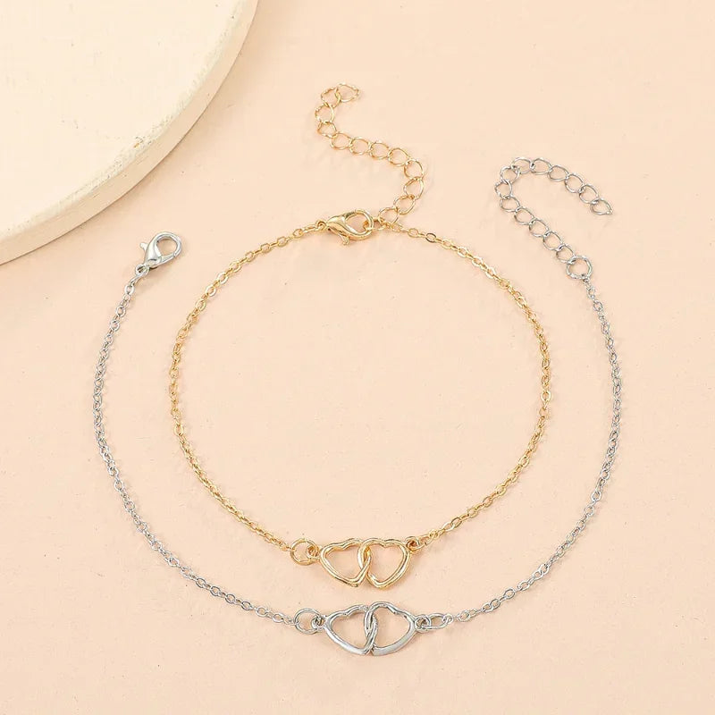 Simple Double Heart  Anklet for Women Hollow Gold Color Love Foot