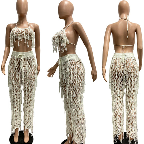 Hollow Out Hand Crochet Tassel 2 Piece Sets Women Sexy Summer Beach