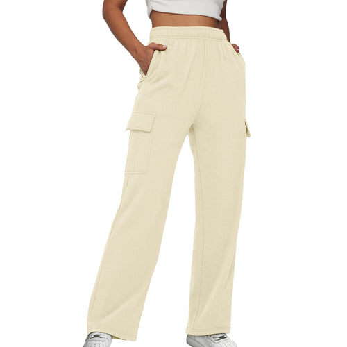 Elastic Waist Cargo Sweatpants Solid Color Women Straight Leg Pants