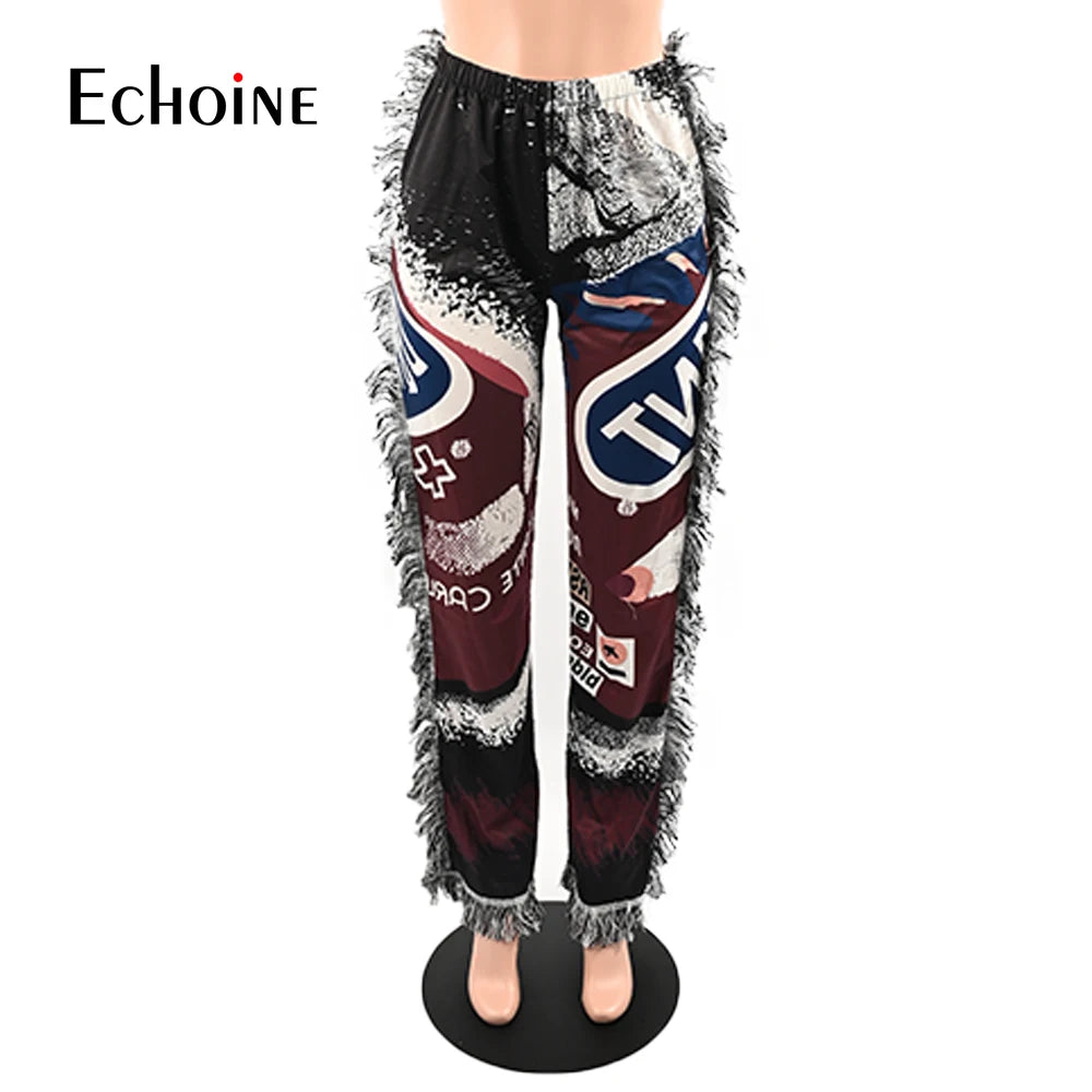 Echoine Women Print Side Tassel Autumn Pants High Waist Activewear