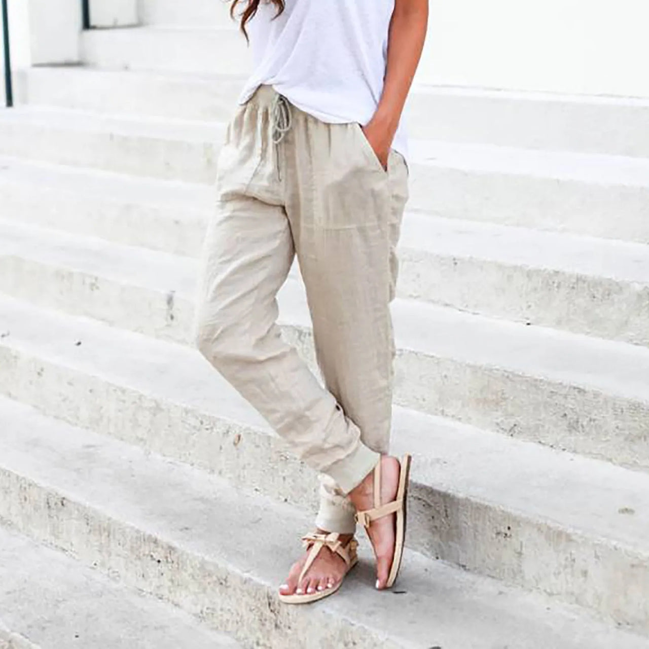 Tops Cotton Linen Drawstring Y2k Cargo Pants Women Streetwear Elastic