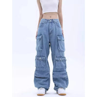 Thumbnail for Multi-Pocket Blue Washed Jeans Cargo Pants Y2k Retro Streetwear