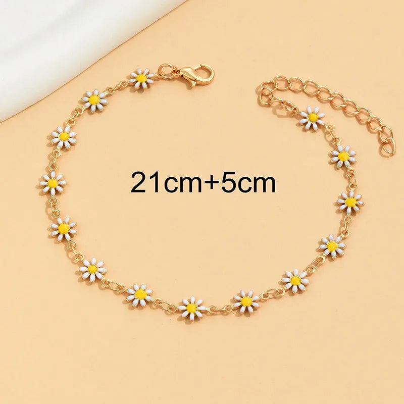 Daisy Flowers Anklets For Women Summer Beach White Flowers Beads