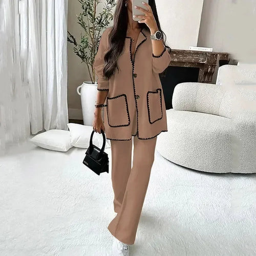 Women Elegant 2 Piece Set Contrast Color Patchwork Long Sleeve Jacket