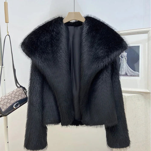 Winter Warm Fur Coat Women Elegant Turndown Collar Long Sleeve Short