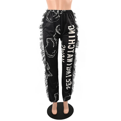 Echoine Women Print Side Tassel Autumn Pants High Waist Activewear