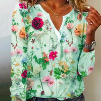 Thumbnail for Spring and Autumn Women's Pullover V-Neck Plant&Flowers Printed Long