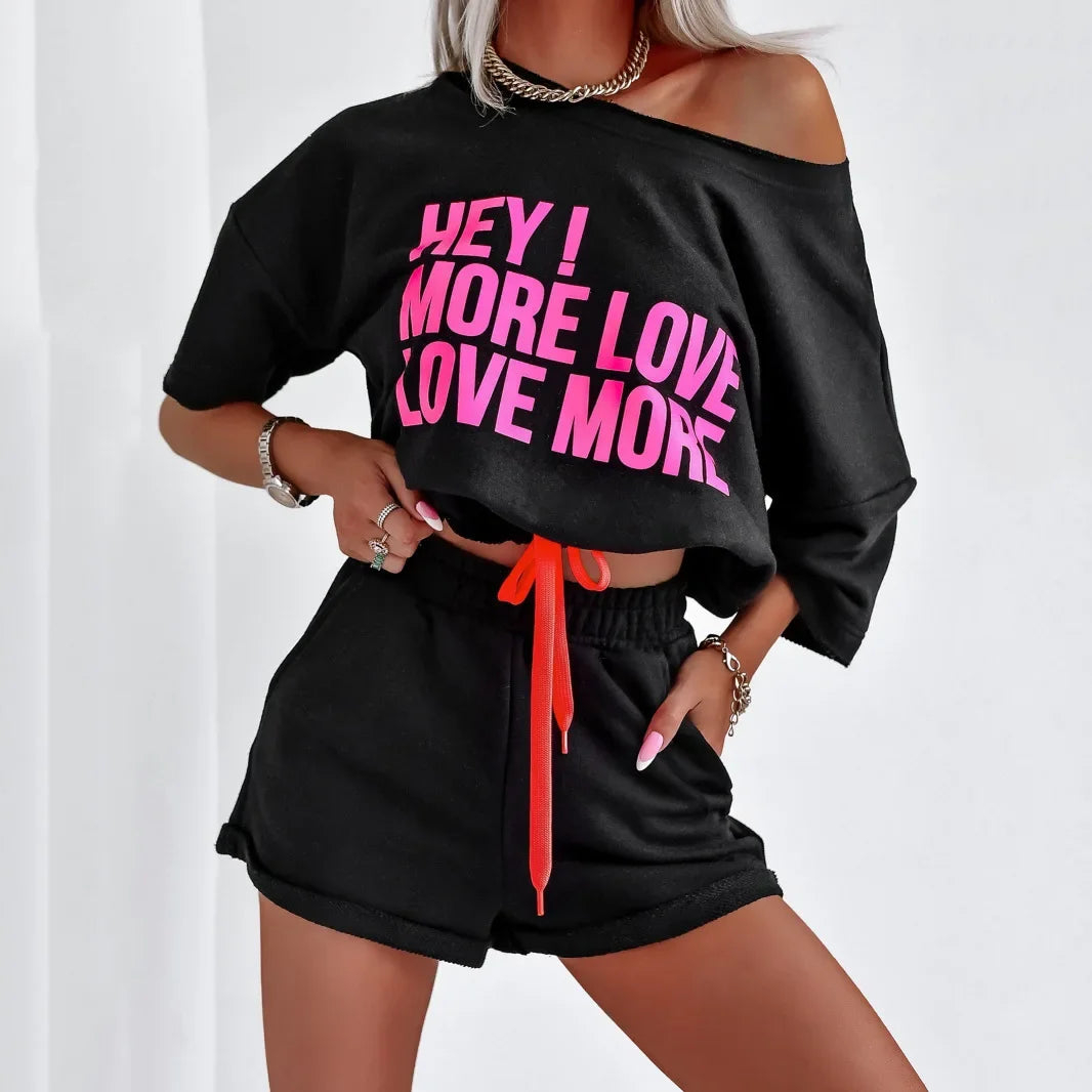 Print Letter Two Piece Sets Women Round Neck Tops Short Sleeve Lace Up