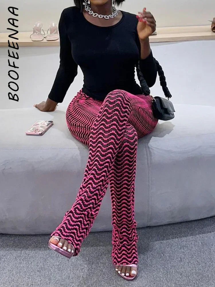 BOOFEENAA Black and White Wave Striped Knitted Pant for Woman Y2k