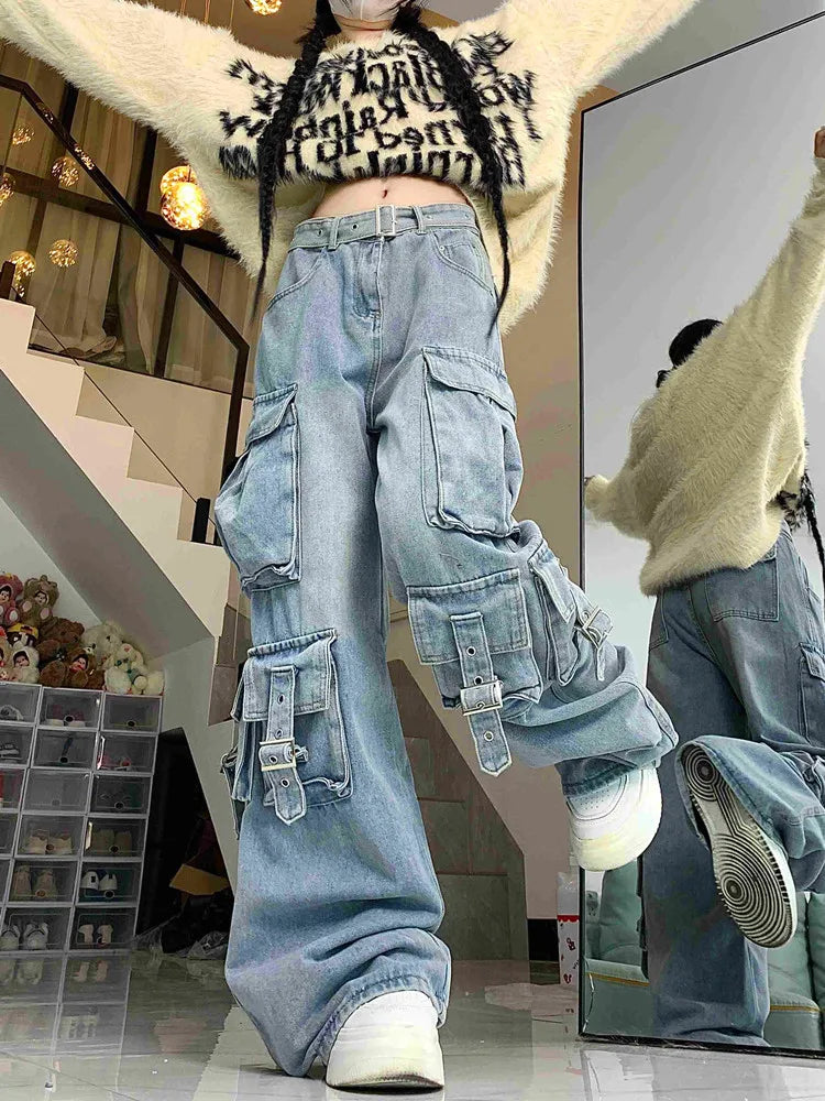 2023 Cyber Y2K Streetwear Washed Blue Baggy Cargo Jeans Pants For