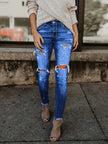 Blue Ripped Skinny Jeans, Distressed Slim Fit Slash Pockets Raw Hem