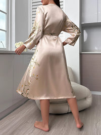 Thumbnail for Floral Print Night Robe  Elegant Long Sleeve V Neck Robe With Belt