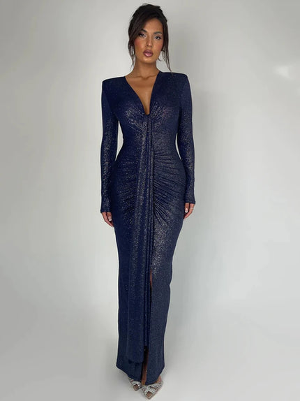 Mozision Sparkle Maxi Dress For Women Fashion Deep V Neck Long Sleeve