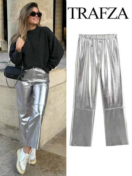TRAFZA Trousers For Women Autumn Fashion Elegant Silver Elastic Waist