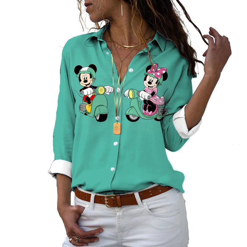 New 2024 Disney Harajuku Slim Fit 3D Print Women's Button Up Long