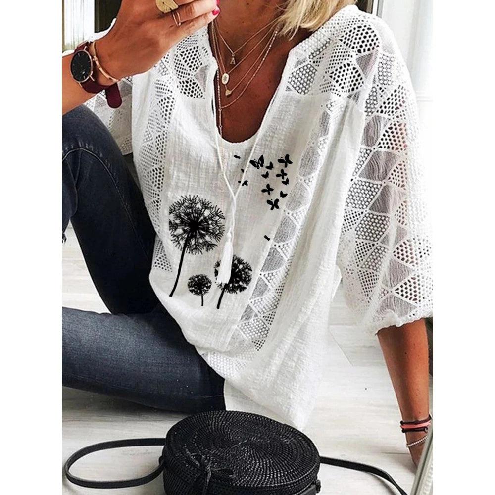 Womens Cotton Linen Lace V-Neck Half Sleeve T Shirt Casual Baggy Tops