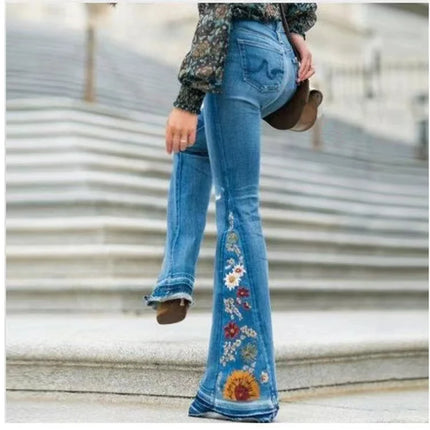 Stretch Embroidered Flared Jeans Women's Casual Fashion High Waist 90s