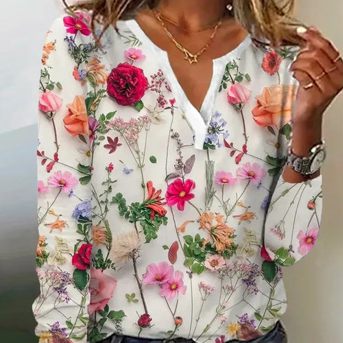 Spring and Autumn Women's Pullover V-Neck Plant&Flowers Printed Long