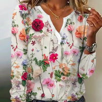 Thumbnail for Spring and Autumn Women's Pullover V-Neck Plant&Flowers Printed Long