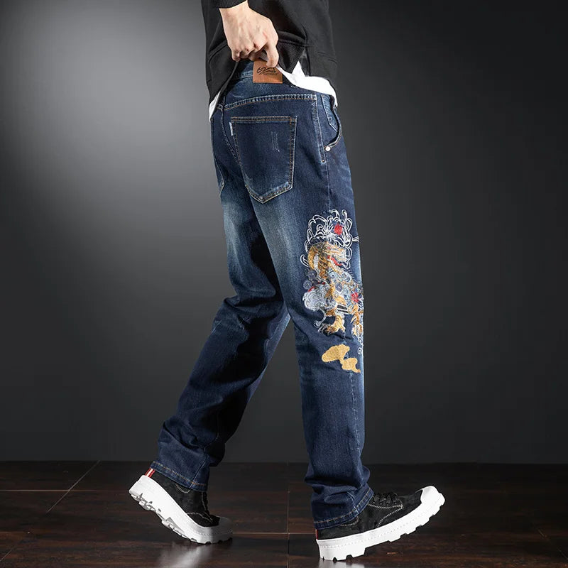 Elastic Embroidered Jeans Men's Frayed Baggy Straight Denim Pants Plus