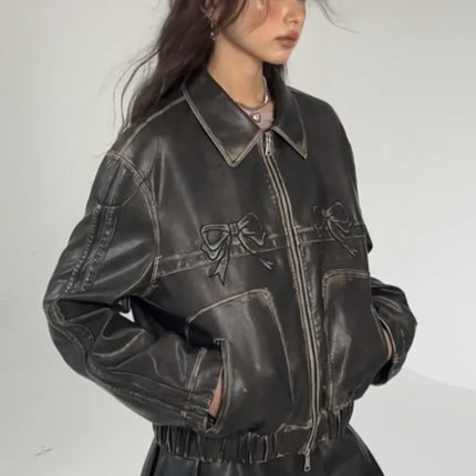 Bow Y2k Motorcycle PU Leather Jacket For Women Fashion Zipper
