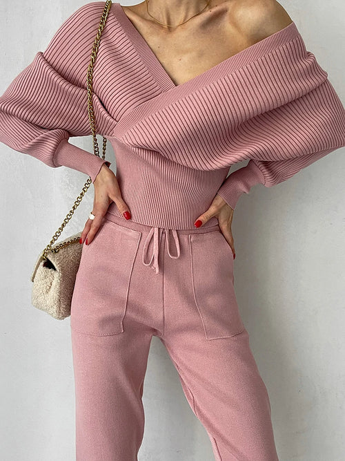 Sexy Off Shoulder Knitted Two Piece Set Women Long Sleeve Sport