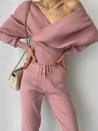 Thumbnail for Sexy Off Shoulder Knitted Two Piece Set Women Long Sleeve Sport