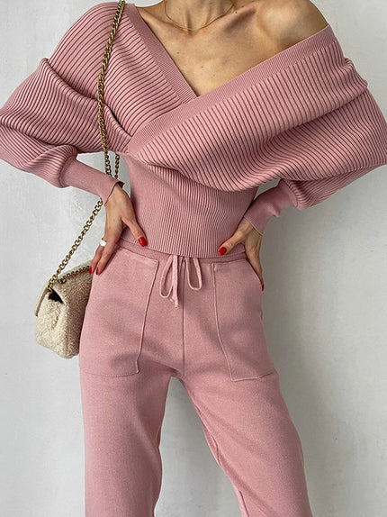 Sexy Off Shoulder Knitted Two Piece Set Women Long Sleeve Sport