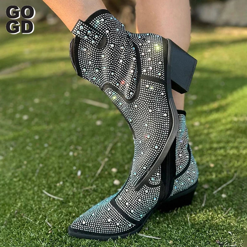 GOGD Luxury New 2023 Fashion Women's Shiny Ankle Boots Rhinestone