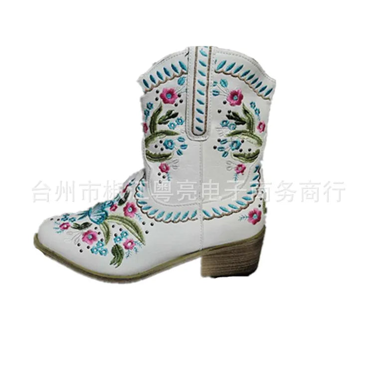 Flower Embriodery Cow Boy Boots for Women Ankle Shoes Thick Heel Short