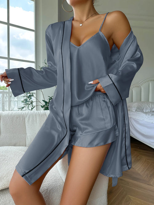 Simple Satin Pajama Set Long Sleeve Belted Robe  V Neck Cami Top And