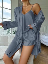 Thumbnail for Simple Satin Pajama Set Long Sleeve Belted Robe  V Neck Cami Top And