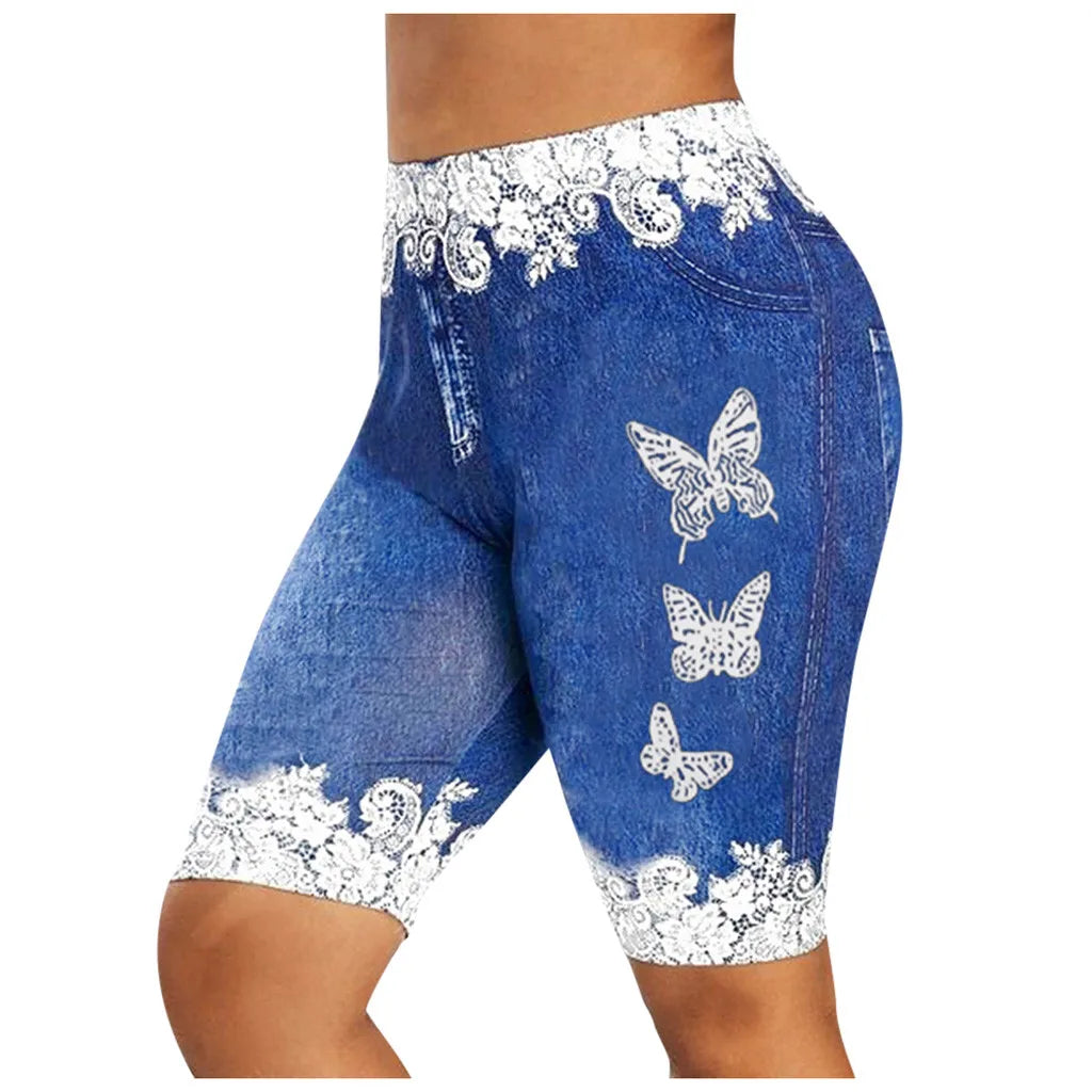 Faux Jeans Shorts Womens Butterfly Print Five-Point Pants Large Size