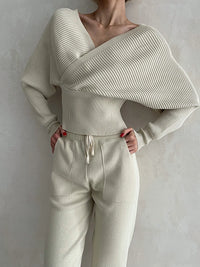 Thumbnail for Sexy Off Shoulder Knitted Two Piece Set Women Long Sleeve Sport