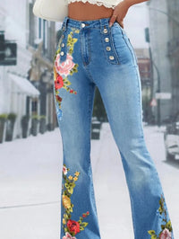 Thumbnail for Plus Size Women Jeans Plain Button Decor Flare Leg Long Denim Pants