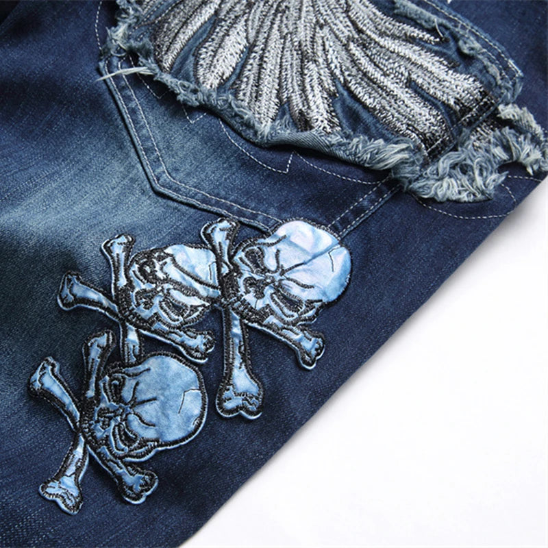 New Slim-Fit Fashion Embroidered Applique Men's Jeans Mid-Waist