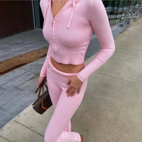 Thumbnail for Knitted 2 Piece Sets Women Tracksuit Long Sleeve Zipper Hooded Sweater