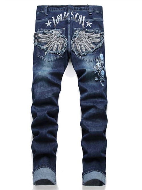 New Slim-Fit Fashion Embroidered Applique Men's Jeans Mid-Waist