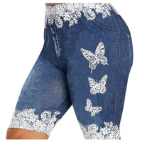 Thumbnail for Faux Jeans Shorts Womens Butterfly Print Five-Point Pants Large Size