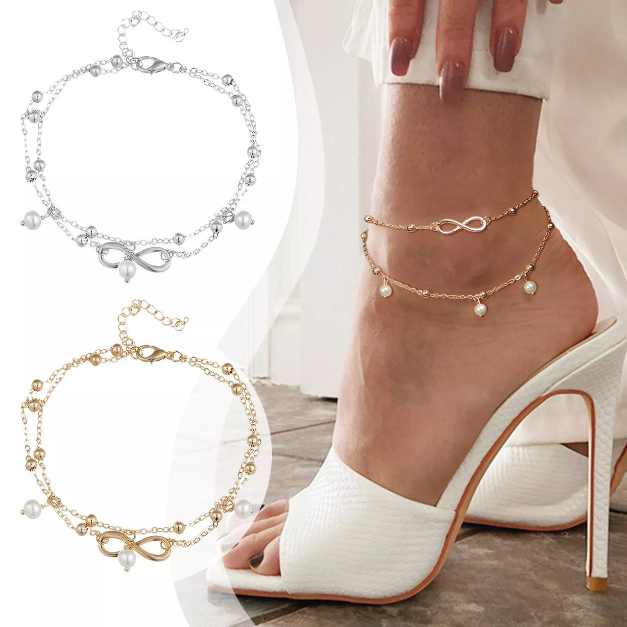 Boho Double Layer Anklets For Women Pearl Streaming Pendant Foot