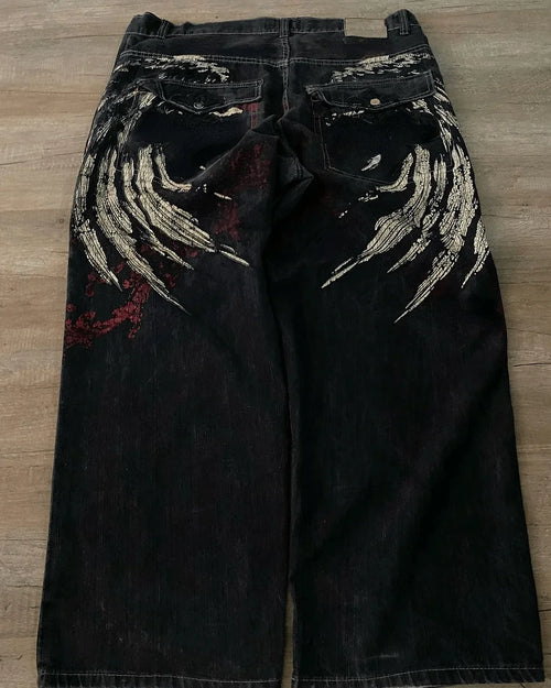 2024 American Retro Jeans Y2K Big Pattern Trousers Loose Jeans Gothic